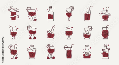 Collection of various alcoholic beverages and cocktails in different glasses and bottles.