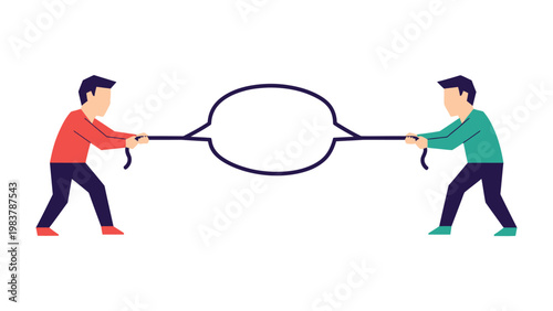 Dialogue Struggle: Two figures engage in a metaphorical tug-of-war with a dialogue bubble, symbolizing the struggle for communication and the challenges of expression.