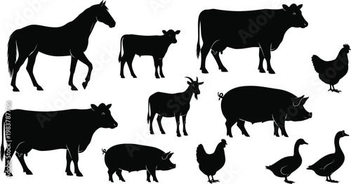 Farm animal silhouettes collection featuring horse, cows, pigs, chickens, ducks, and goat for agriculture design use