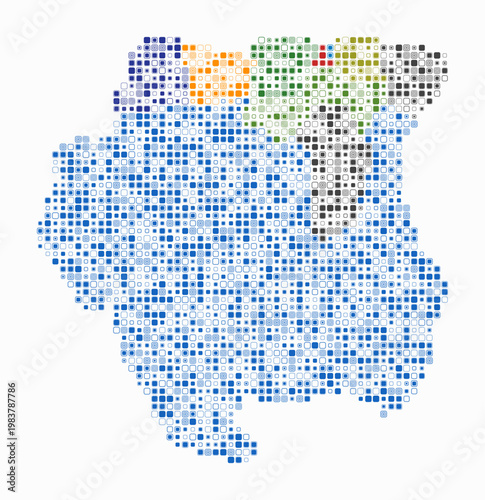 Suriname, shape of the country build of colored cells. Digital style map of the Suriname on white background. Small size rounded square blocks. Stylish vector illustration.