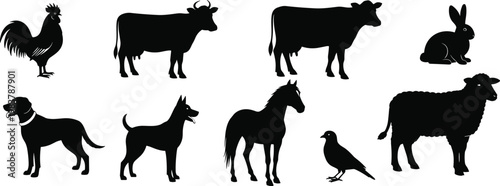Farm animal silhouettes collection featuring rooster, cows, horse, sheep, rabbit, dogs, and pigeon for rural design projects