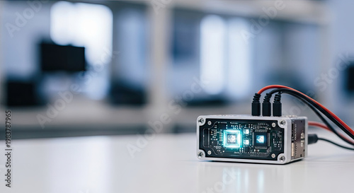 Electronic component with glowing chip on white surface featuring integrated circuit and electrical connections in technology concept