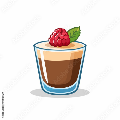 A cartoon illustration of a delicious chocolate dessert in a glass, topped with a fresh raspberry and a green mint leaf.