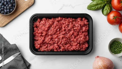 Top view of an open black plastic tray containing fresh raw minced meat. Mockup packaging collection with clipping path.