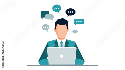 Digital Dialogue: A businessman focused on his laptop, surrounded by thought bubbles, symbolizing digital communication, innovative thinking, and active participation in the digital space.