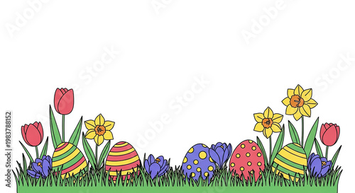 Easter egg and spring flower border with tulips daffodils and crocuses in cartoon illustration style in a grassy springtime setting