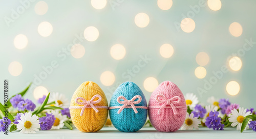 Three knitted Easter eggs in yellow blue and pink with ribbon bows pastel colors festive spring decorations against a bokeh background