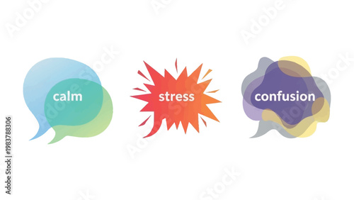Emotional Spectrum in Bubbles: The visual representation of abstract ideas such as calm, stress and confusion is depicted through overlapping bubbles, each conveying a distinct emotional state.