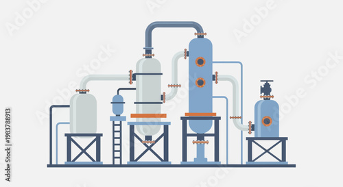 Industrial chemical processing plant with distillation columns and tanks.