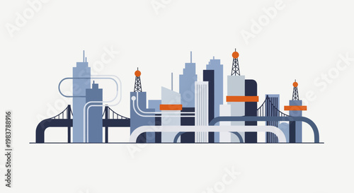 Industrial Cityscape with Oil Rigs and Pipelines.