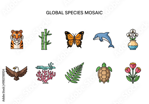 Global Species Mosaic A Visual Collection of Diverse Flora and Fauna Icons