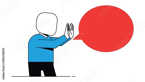 Silent Stance: A minimalist graphic depicts a figure, arms raised, conveying a moment of pause or disagreement, with a striking red speech bubble, symbolizing a strong message.