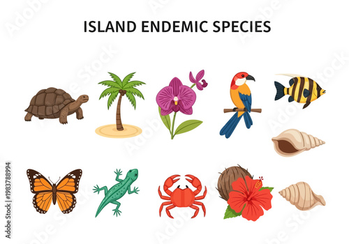 Island endemic species collection of flora and fauna icons for educational purposes