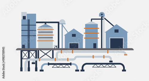 Industrial Factory Complex with Silos and Pipelines.