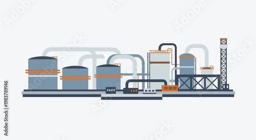 Industrial Factory Complex with Storage Tanks and Pipelines.