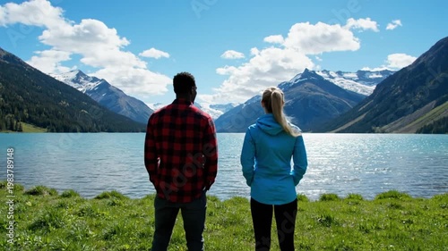 Anime couples enjoying scenic mountain lake view in nature