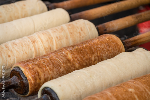  Kürtőskalács, also known as chimney cake, a traditional spit cake pastry originating from Hungarian-speaking regions in Romania and Hungary. 