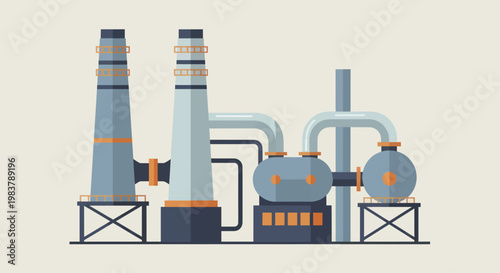 Industrial Factory with Smokestacks and Pipes.