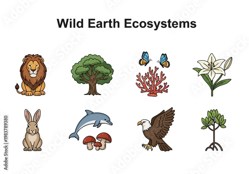 Diverse Wildlife and Plant Icons Representing Earth's Ecosystems and Natural Environments