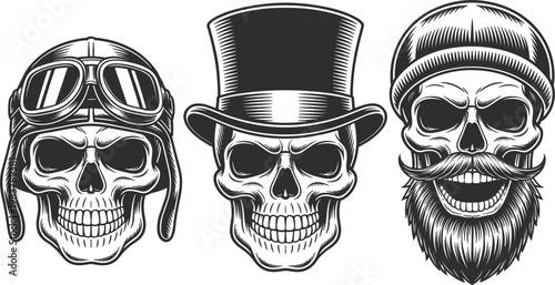 Vintage skull characters with aviator helmet top hat and bearded style illustration