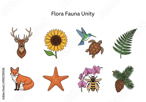 Diverse collection of flora and fauna elements symbolizing nature's harmony and ecological balance