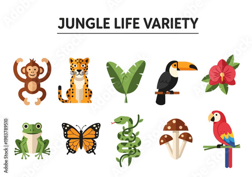 Diverse Collection of Jungle Animals and Plants Illustrating a Vibrant Ecosystem