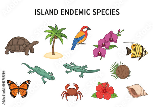 Collection of endemic island species including animals, plants, and natural elements found on tropical islands