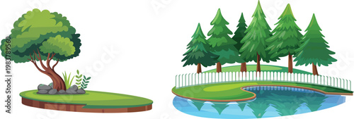 Beautiful nature landscapes with trees lake and greenery in colorful cartoon style