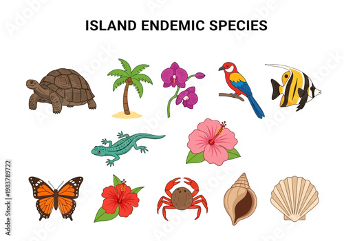 Island endemic species vector icon collection. Diverse wildlife and flora elements for nature and travel themes