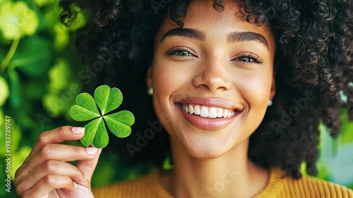 Joyful woman holding fourleaf clover with vibrant smile in lush greenery setting