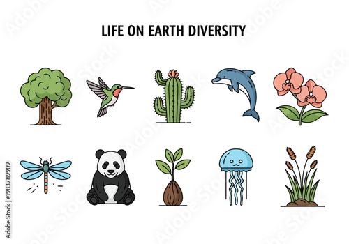 Life on Earth Diversity vector icon set with animals, plants, and nature elements