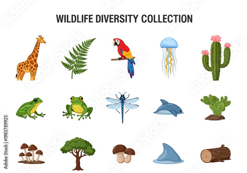 A Vibrant Wildlife Diversity Collection Featuring Various Animals, Plants, and Nature Elements