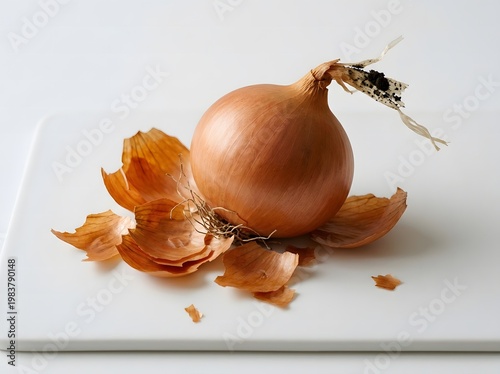 A single, partially peeled brown onion sits on a white surface surrounded by its papery outer layers