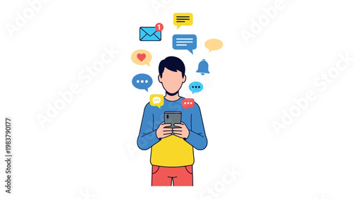 Digital Dialogue: A person immersed in the digital world, engrossed in a mobile device, surrounded by a flurry of message notifications, expressing the vibrancy of online interaction.