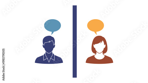 Dialogue's Divide: Two figures, separated by a vertical line, engage in a conversation through speech bubbles, the essence of communication and disparity.