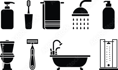 Bathroom hygiene and sanitation icons set including shower faucet toilet razor towel soap silhouettes isolated on white background vector
