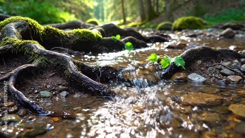 A shallow stream flows over smooth stones with mossy tree roots and green plants