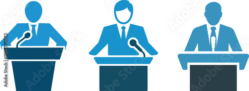 Business speaker at podium icons, flat vector illustration of public speaking, conference presentation and leadership communication isolated on clean background