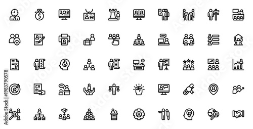 Human Resources icon set. Vector icons pack for HR, recruitment, management, team, career, interview, training, employee, motivation and more. Editable stroke.