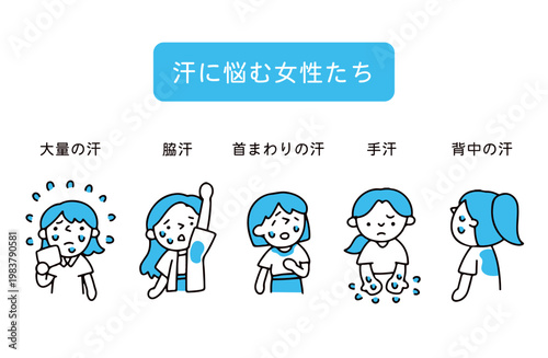 さまざまな汗の症状に悩む若い女性たちのイラストセット