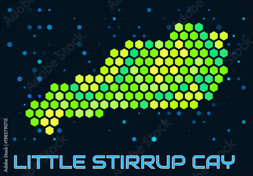 Little Stirrup Cay hexagon dots map. Bahamas. Digital style shape of the island. Little Stirrup Cay map and title. Large green colored hexagons, sparse blue dots at background. Vector Illustration.