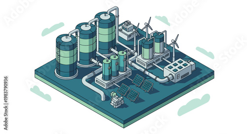 Sustainable Energy Production Facility with Wind Turbines and Solar Panels.