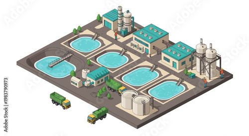 Wastewater Treatment Plant Isometric View with Trucks and Buildings.
