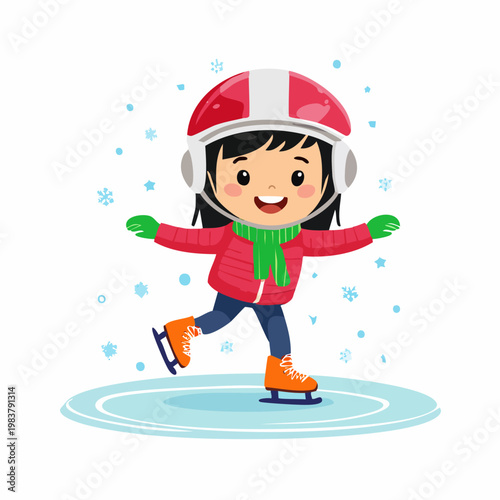 A happy cartoon girl wearing winter clothes and a helmet is ice skating on a rink with snowflakes.