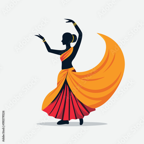 Silhouette of a woman performing a traditional dance in colorful flowing attire with arm gestures.