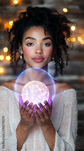 Enchanting glow: woman holding a magical orb with soft bokeh lights