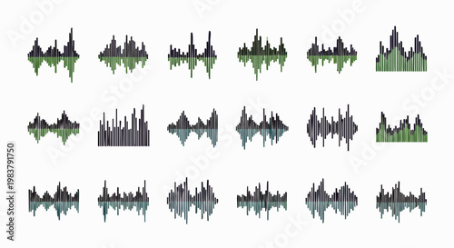 Collection of 20 abstract sound wave graphics in green, grey, and blue, representing audio or data visualization