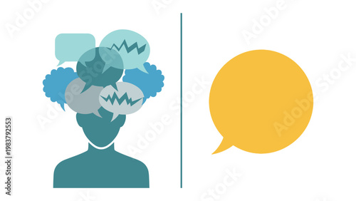 Communication Conflict: A visual representation contrasts a cluttered mind overwhelmed with chaotic thoughts against a calm, empty speech bubble.