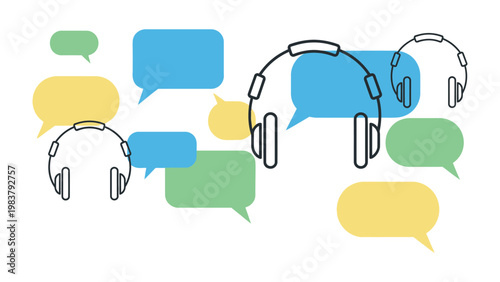 Communication Echo: Modern outline-style illustration featuring headphones paired with speech bubbles, a symbol of communication, conveying a sense of dialogue and auditory experience.
