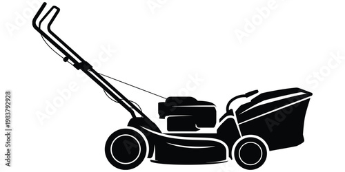 Lawn mower silhouette illustration, gardening equipment artwork, outdoor tool vector, grass cutting composition, landscaping machine design illustration
